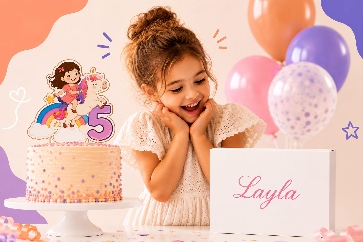 Happy girl with cake with cake topper and gift box withher name 